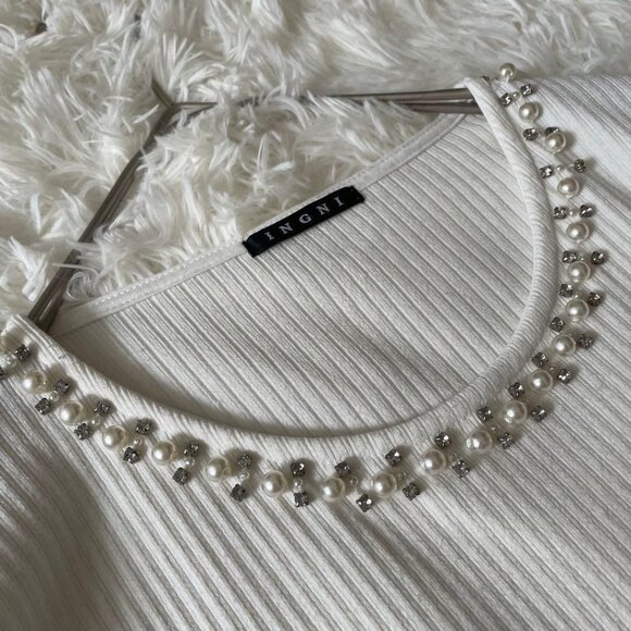 Bejed Ribbed 3/4 Sleeve Top M White - Picture 2 of 7